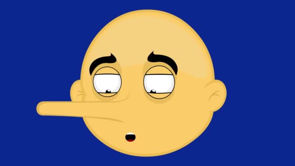 彼の鼻が成長して黄色の漫画のキャラクターの顔のループアニメーション 嘘つきの概念で 青いクロマキーの背景に — ストック動画