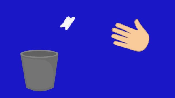 Циклічна Анімація Руки Кидає Папір Кошик Синьому Фоні Ключа Хроми — стокове відео