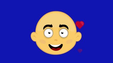 Loop animation of the face of a yellow cartoon character with an expression of love and surrounded by hearts, on a blue chroma key background