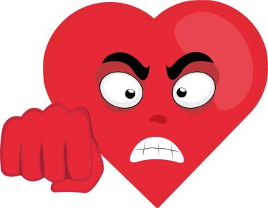 Vector character illustration of a cartoon heart with an angry expression and giving a fist bump