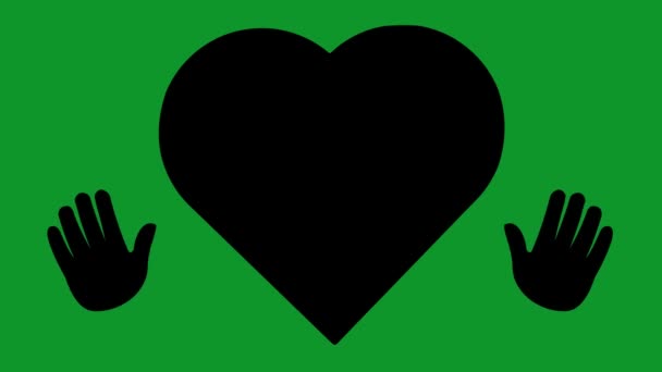 Loop Animation Black Silhouette Heart Hands Waving Green Chroma Key — Stock Video