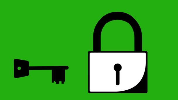 Animation Key Opening Padlock Drawn Black White Green Chroma Key — Stock Video