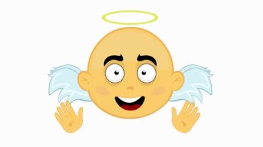 Sarı bir meleğin yüzünün animasyonu, kanatlarını hareket ettiriyor ve elleriyle el sallıyor. Beyaz bir arkaplanda