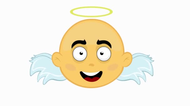 黄色卡通片天使脸上的圆形动画 带着光环和拍打翅膀 背景为白色 — 图库视频影像