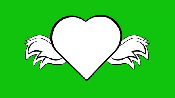 翼のあるハートのループアニメーションは 黒と白で描かれた翼を羽ばたきます 緑のクロマキーの背景に — ストック動画