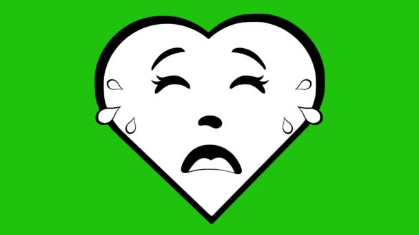 黒と白で描かれた泣いて漫画のハートキャラクターの漫画アニメーション 緑のクロマキーの背景に — ストック動画