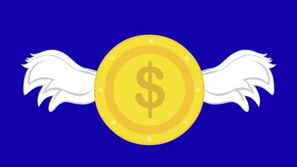 翼を動かすドル記号の翼のあるコインのループアニメーション 青いクロマキーの背景に — ストック動画