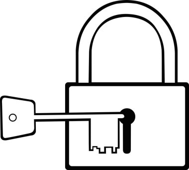 Bir anahtarın vektör çizimi ve kapalı bir asma kilit, siyah ve beyaz çizilmiş