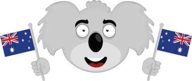 Elinde Avustralya bayrakları olan bir koala çizgi filminin vektör çizimi