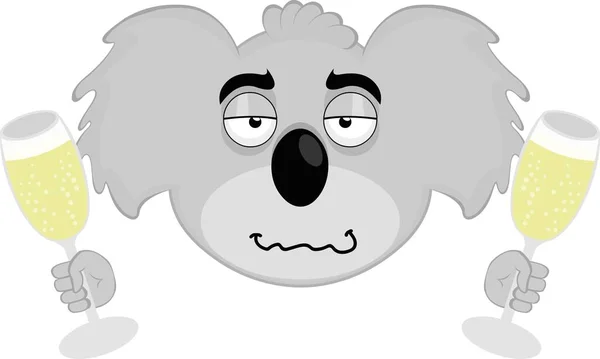 Vektor Illusztráció Arcát Egy Rajzfilm Koala Részeg Pohár Pezsgő Vagy — Stock Vector