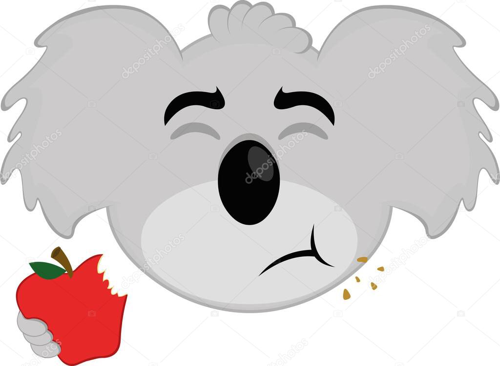 Vector illustration of the face of a koala cartoon eating an apple