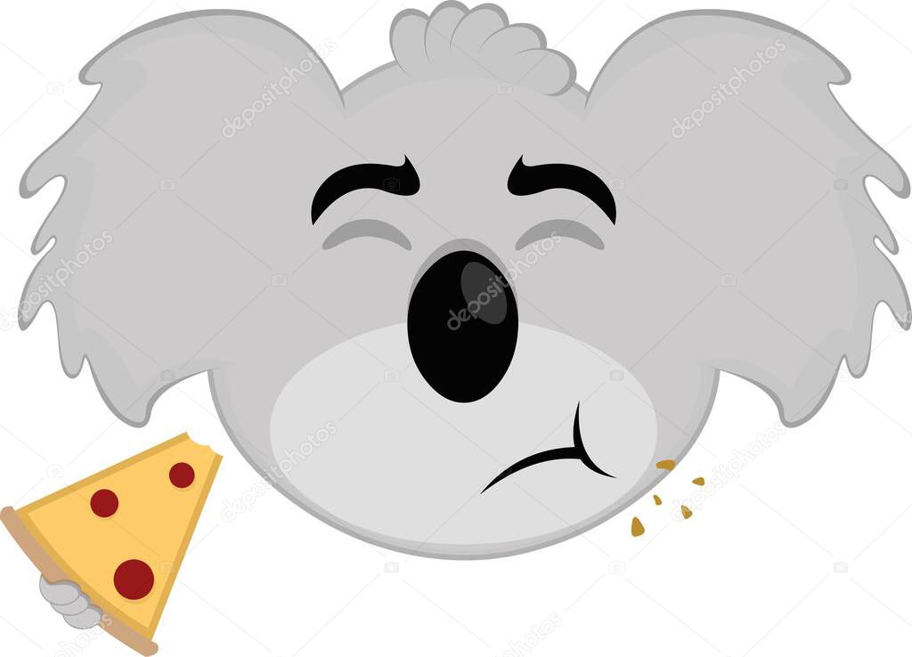 Vector illustration of the face of a koala cartoon eating a slice pizza
