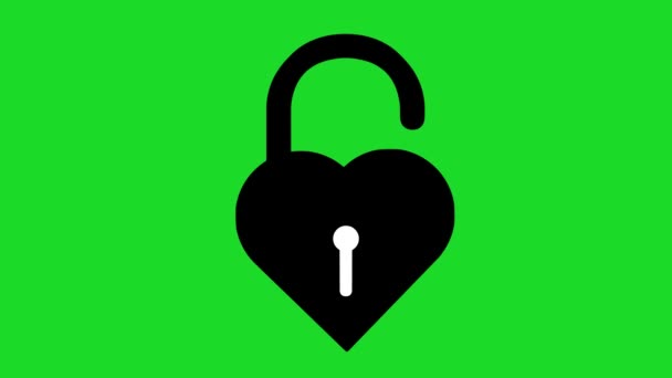 Animation Loop Icon Padlock Shaped Heart Opening Green Key Chroma — Stock video