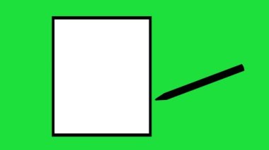 black and white icon animation of a pencil writing on a sheet, on a green chroma key background