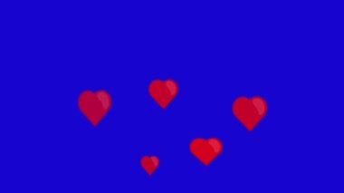 Loop animation of red hearts floating upwards, on a blue chroma key background