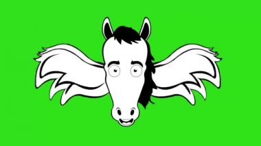 Loop animation of the face of a winged horse or pegasus moving its wings, drawn in black and white. On a green chroma key background
