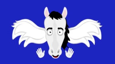Loop animation of a cartoon winged horse or pegasus waving with his hands, on a blue chroma key background
