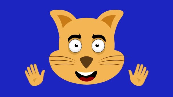 Animation Loop Face Cartoon Cat Happy Expression Waving His Hands — Stockvideo