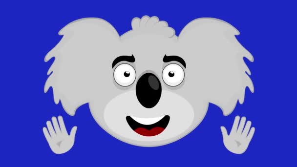 Loop Animation Face Cartoon Koala Waving His Hands Blue Chroma — Vídeos de Stock
