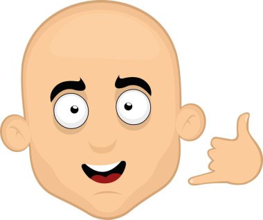 Çizgi film karakteri kel bir adamın suratının vektör çizimi. Elinde bir el hareketi var. Beni telefonla arıyor ya da sallıyor.