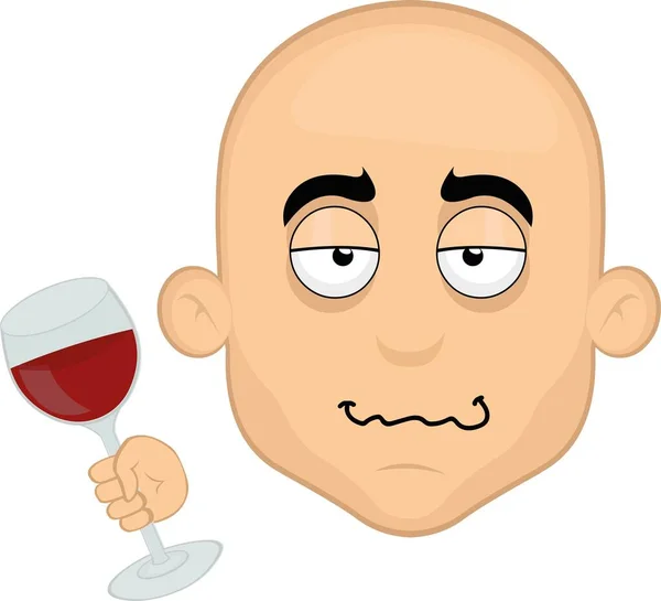 Vector Illustration Face Drunken Cartoon Bald Man Glass Wine His — Vettoriale Stock