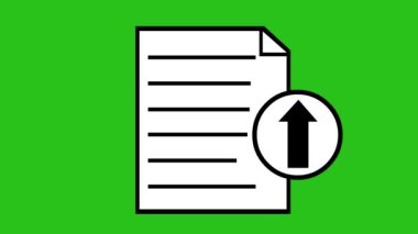 looping animation of file upload icon, designed with a sheet of paper or file and an arrow pointing up. On a green chroma key background