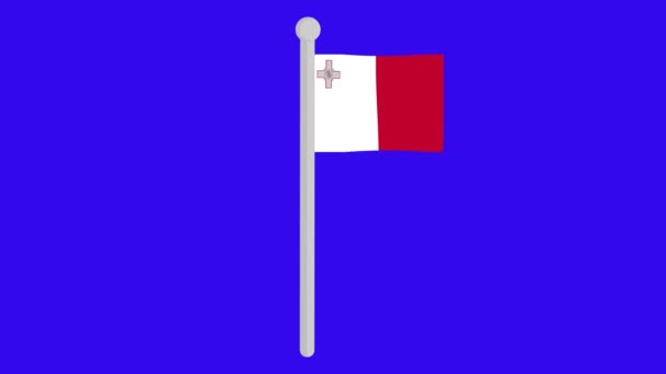 Animation Flag Malta Waving Flagpole Blue Chroma Key Background — Stok video