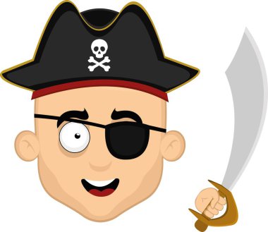 Şapkası, göz bandı ve elinde kılıcı olan bir korsanın vektör çizimi.