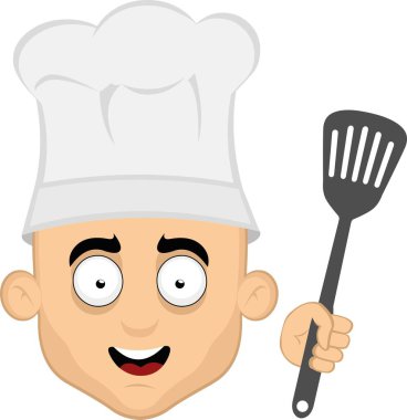 Şapka ve şef spatulasıyla yüz adam çizgi filminin vektör çizimi.