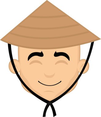 Çizgi film adamı yüzü, neşeli bir ifade ve klasik bir Çin kültürü şapkası.