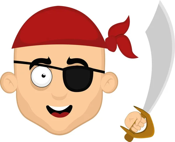Vector Illustration Face Cartoon Pirate Headscarf Eye Patch Sword His — Vector de stock