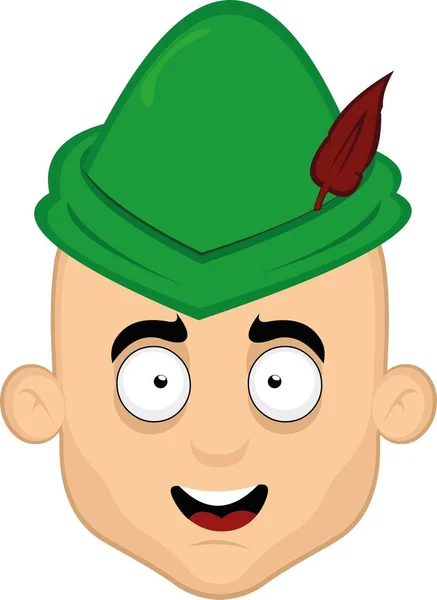 Vector Illustration Cartoon Man Face Robin Hood Hat — Stock vektor