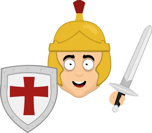 Vector Illustration Face Cartoon Roman Soldier Helmet Shield Sword Hand — Vetor de Stock