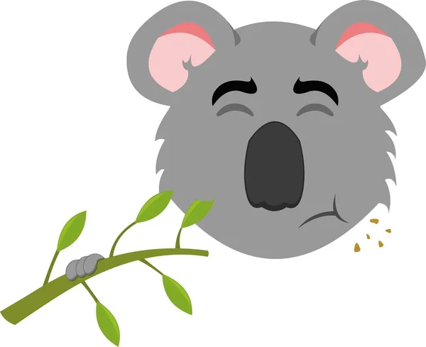 Vektorillustration Des Gesichts Eines Comic Koalas Der Eine Eukalyptuspflanze Frisst — Stockvektor