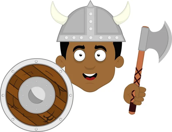 Vektorová Ilustrace Tváře Kresleného Vikinga Přilbou Štítem Sekerou Ruce — Stockový vektor