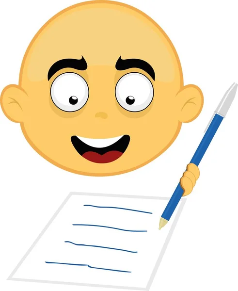 Vector Illustration Face Yellow Cartoon Character Writing Paper Pen — Vettoriale Stock