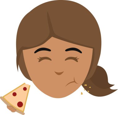 Bir dilim pizza yiyen esmer bir kadının yüzünün vektör çizimi.