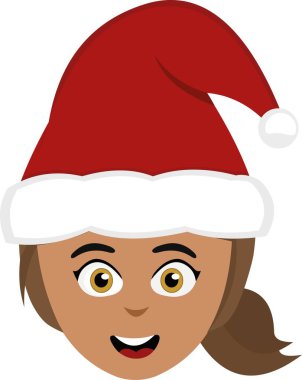 Neşeli bir ifadesi ve Noel şapkası olan esmer bir kadın çizgi filminin vektör çizimi.