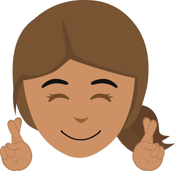 Vector Illustration Cartoon Brunette Woman Face Crossing Her Fingers — Vector de stock