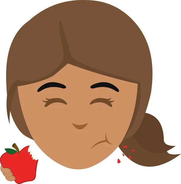 Vector Illustration Face Cartoon Brunette Woman Eating Apple — Vettoriale Stock