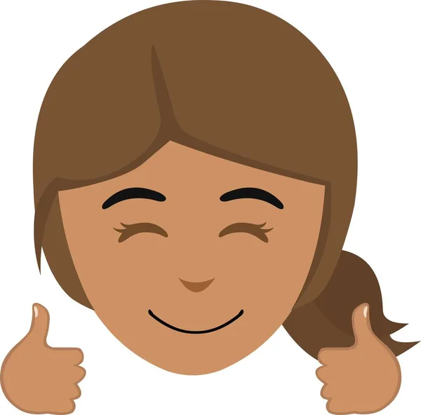 Vector Illustration Face Cartoon Brunette Woman Happy Expression Hands Thumbs 로열티 프리 스톡 일러스트레이션