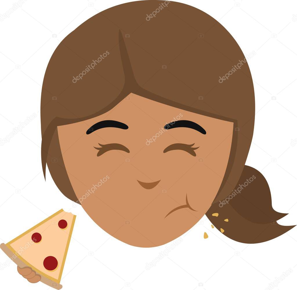 Vector illustration of the face of a cartoon brunette woman eating a piece of pizza