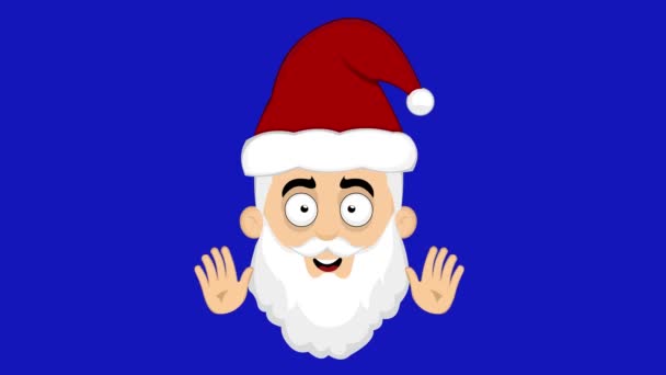 Кольцевая Анимация Лица Санта Клауса Машущего Руками Голубом Фоне Хромы — стоковое видео
