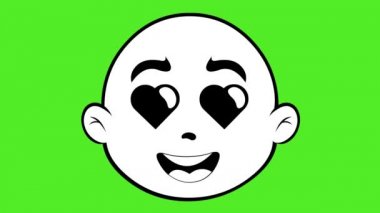 Loop animation of the face of an emoticon of a cartoon character in love with eyes in the shape of hearts, drawn in black and white. On a green chroma key background