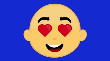 Animation of the face of a yellow cartoon character in love with eyes in the shape of hearts, on a blue chroma key background