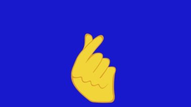 Loop animation of a yellow cartoon hand crossing fingers and a heart appearing. Classic Korean gesture or from other asian cultures in meaning of love, on a blue chroma key background