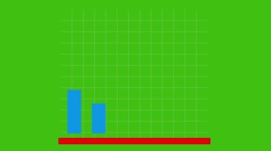 Animation of a statistical bar graph with a black arrow, with variations of ups and downs, on a green chroma key background