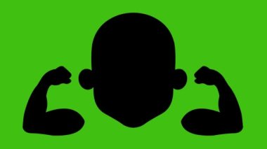 Loop animation of the black silhouette of a man flexing his arms and contracting his biceps, on a green chroma key background