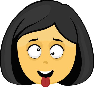 Vector emoticon illustration of a yellow cartoon woman face with a crazy expression
