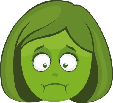 Mide bulantısı ve kusmuk dolu bir karikatür kadın yüzünün vektör emojisi.